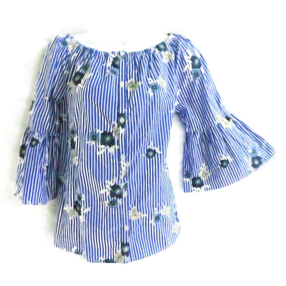 BB Dakota Boho Top Peasant Stripes Embroid Floral